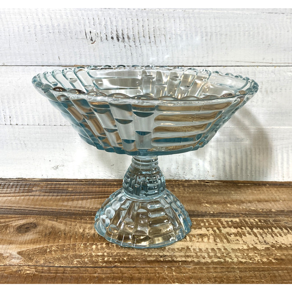 Vintage 1950's Jeannette Glass Louisa Star Lite Blue Footed Compote Bowl 9" Dia - Picture 3 of 12